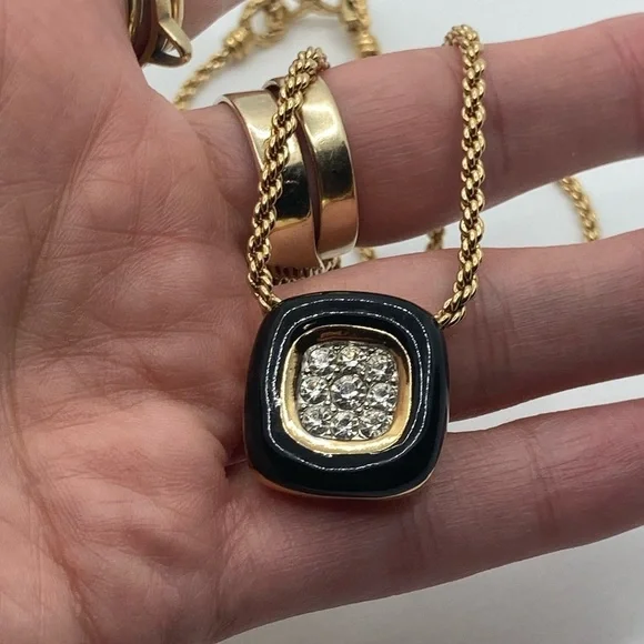 vtg Nina Ricci Black Enamel Rhinestone Square Pendant Gold Tone Necklace 17” - Picture 5 of 8